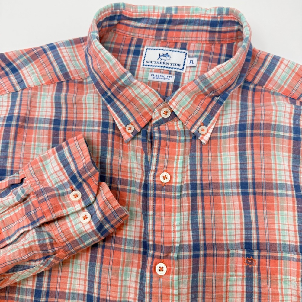 Southern Tide Mens XL Classic Fit Linen Blend Plaid Button Down Shirt Coral Blue